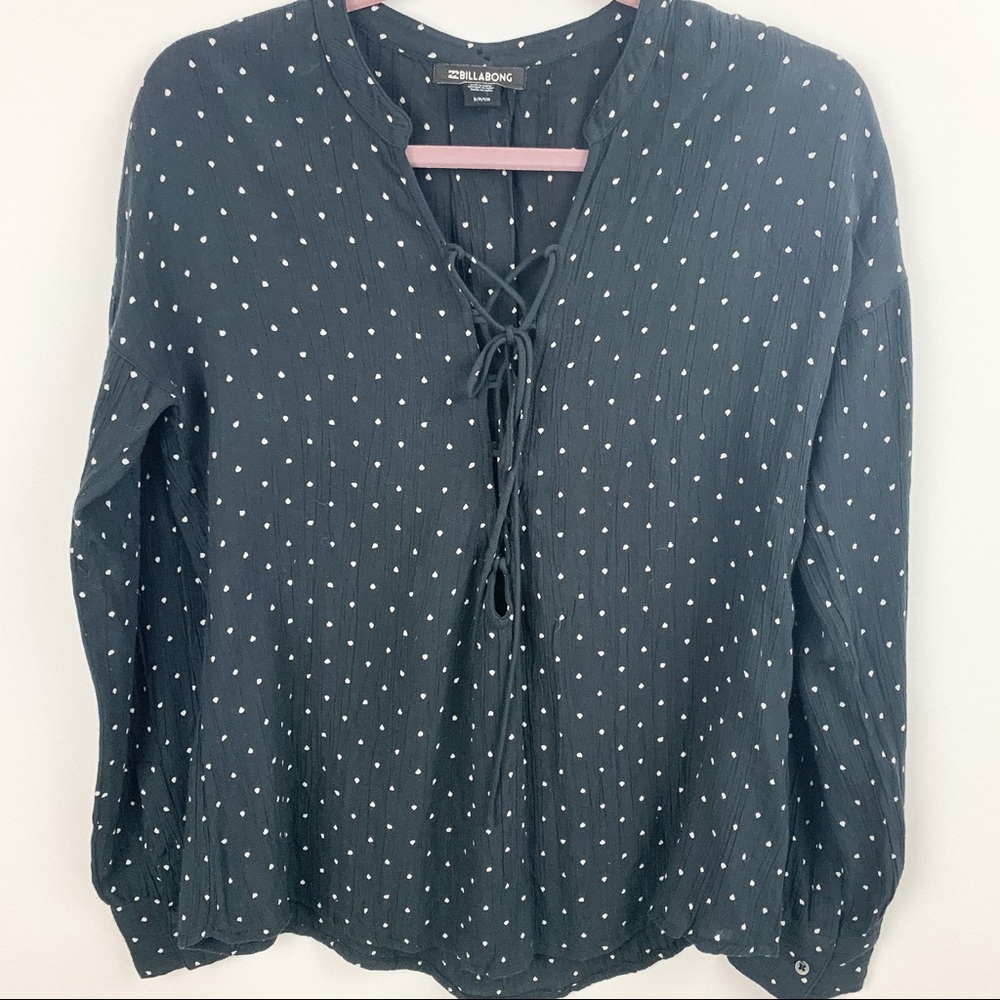 Billabong Black White Polka Dot Lace Up Shirt Sml